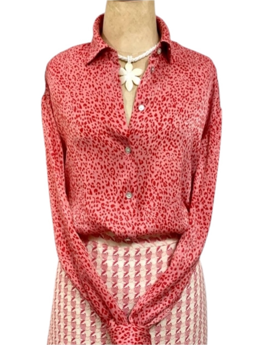 Zara pink/red leopard print button front long sleeve blouse- XS